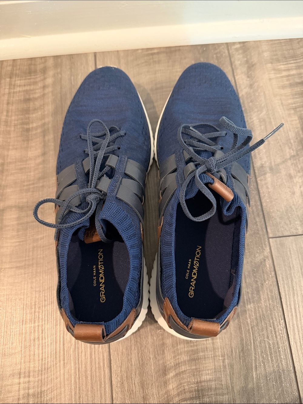 Cole Haan Navy Knit Lace-Up Sneakers with Brown Accents